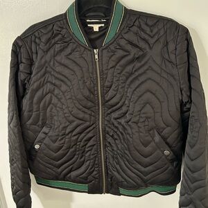 Elan Black Quilted Bomber Jacket with Green Trim